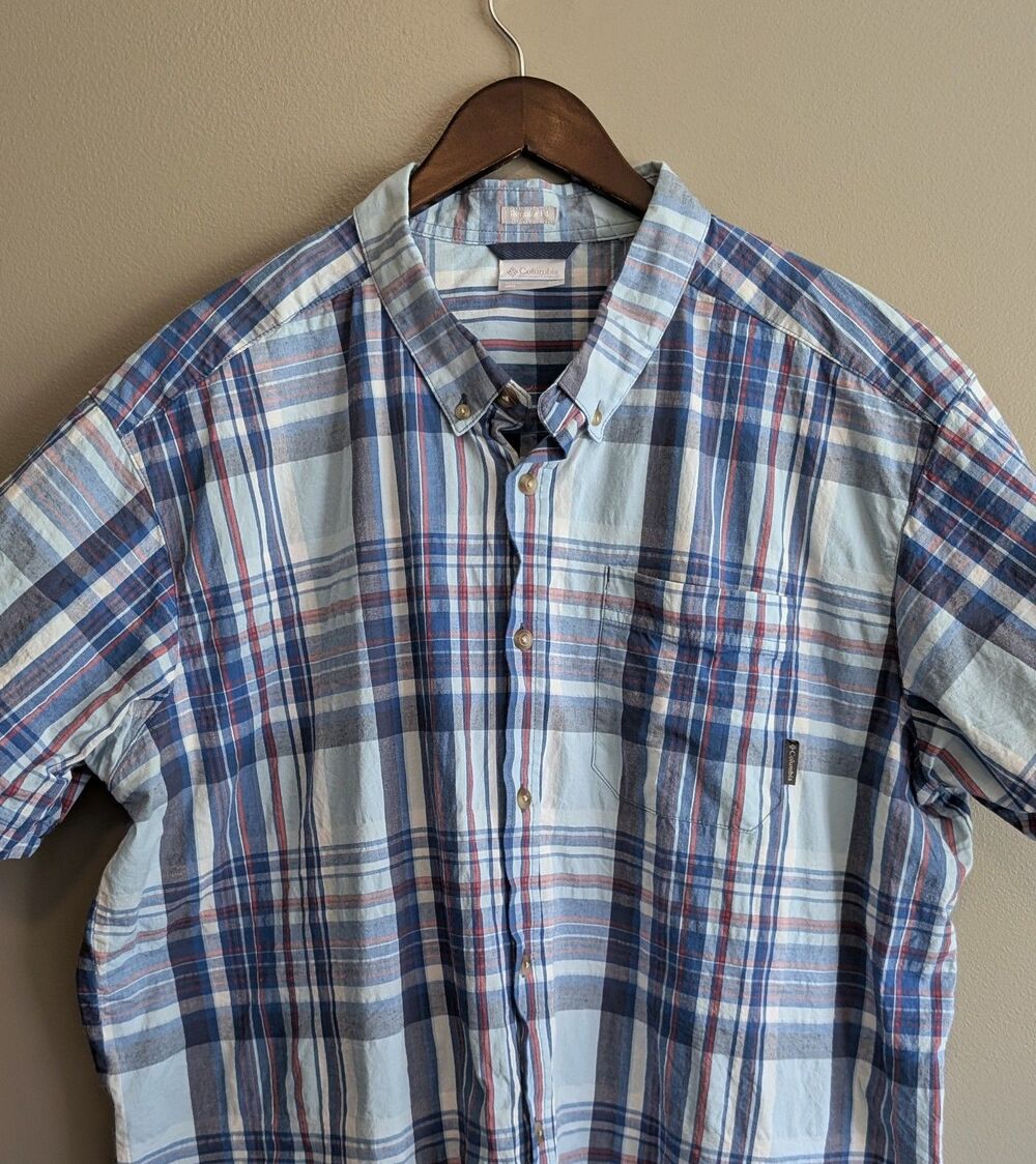 Columbia Mens XXL Short Sleeve Button Down Shirt Blue Plaid Outdoor Casual